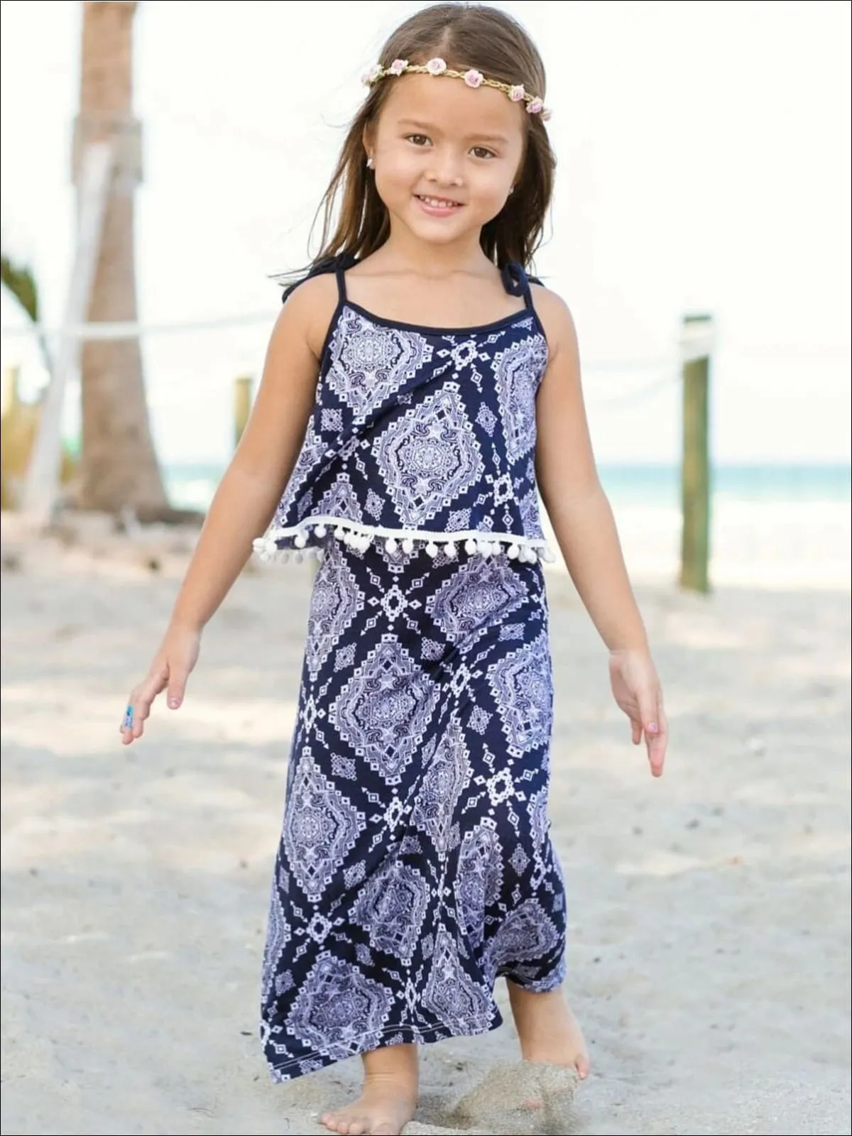 Girls Navy And White Spaghetti Strap Maxi Dress