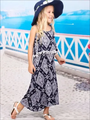 Girls Navy And White Spaghetti Strap Maxi Dress