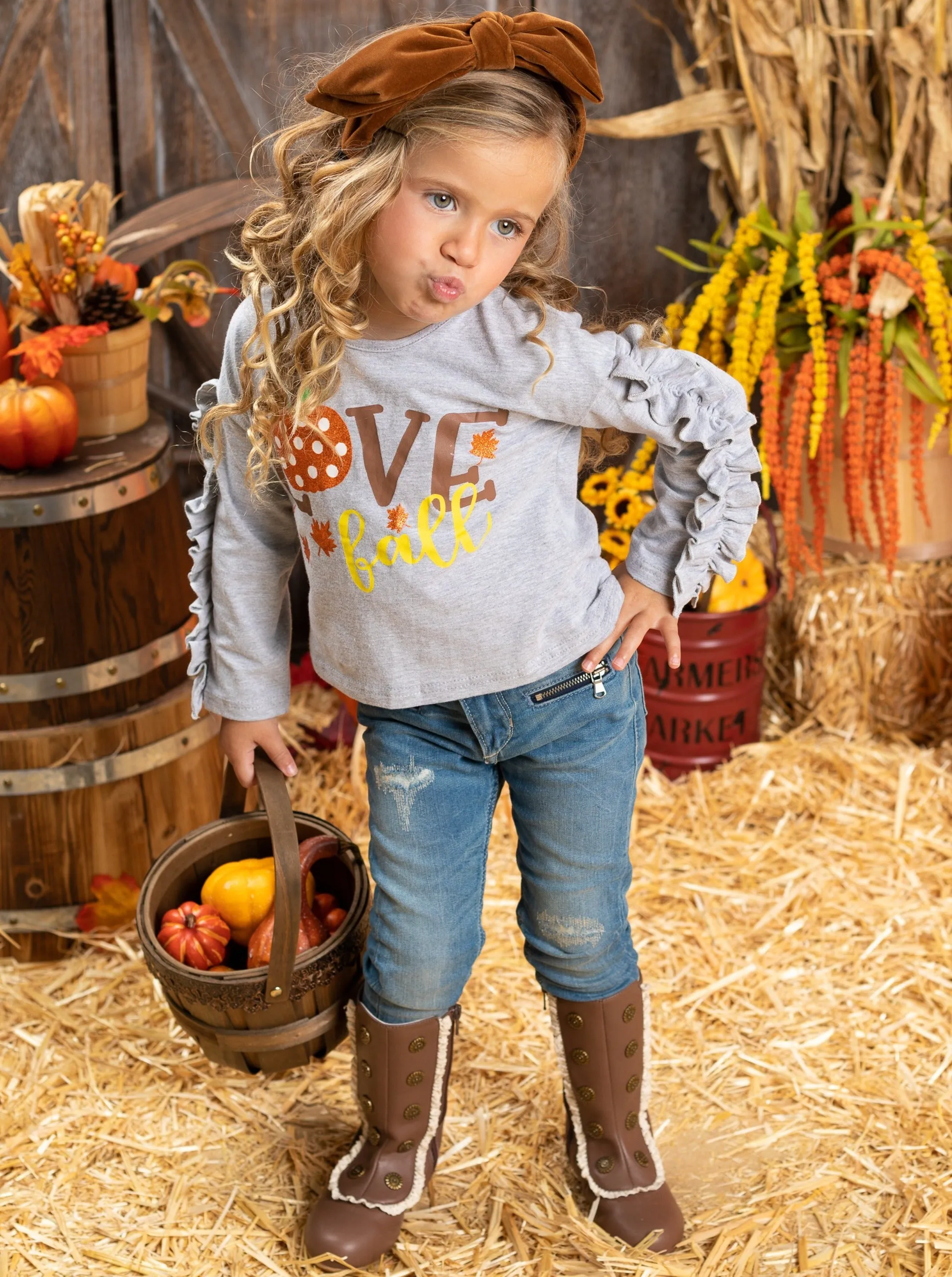 Girls "Love Fall" Pumpkin Ruffle Sleeve Top