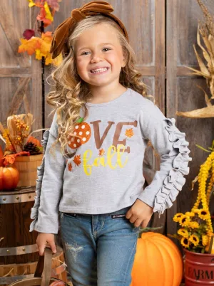 Girls "Love Fall" Pumpkin Ruffle Sleeve Top