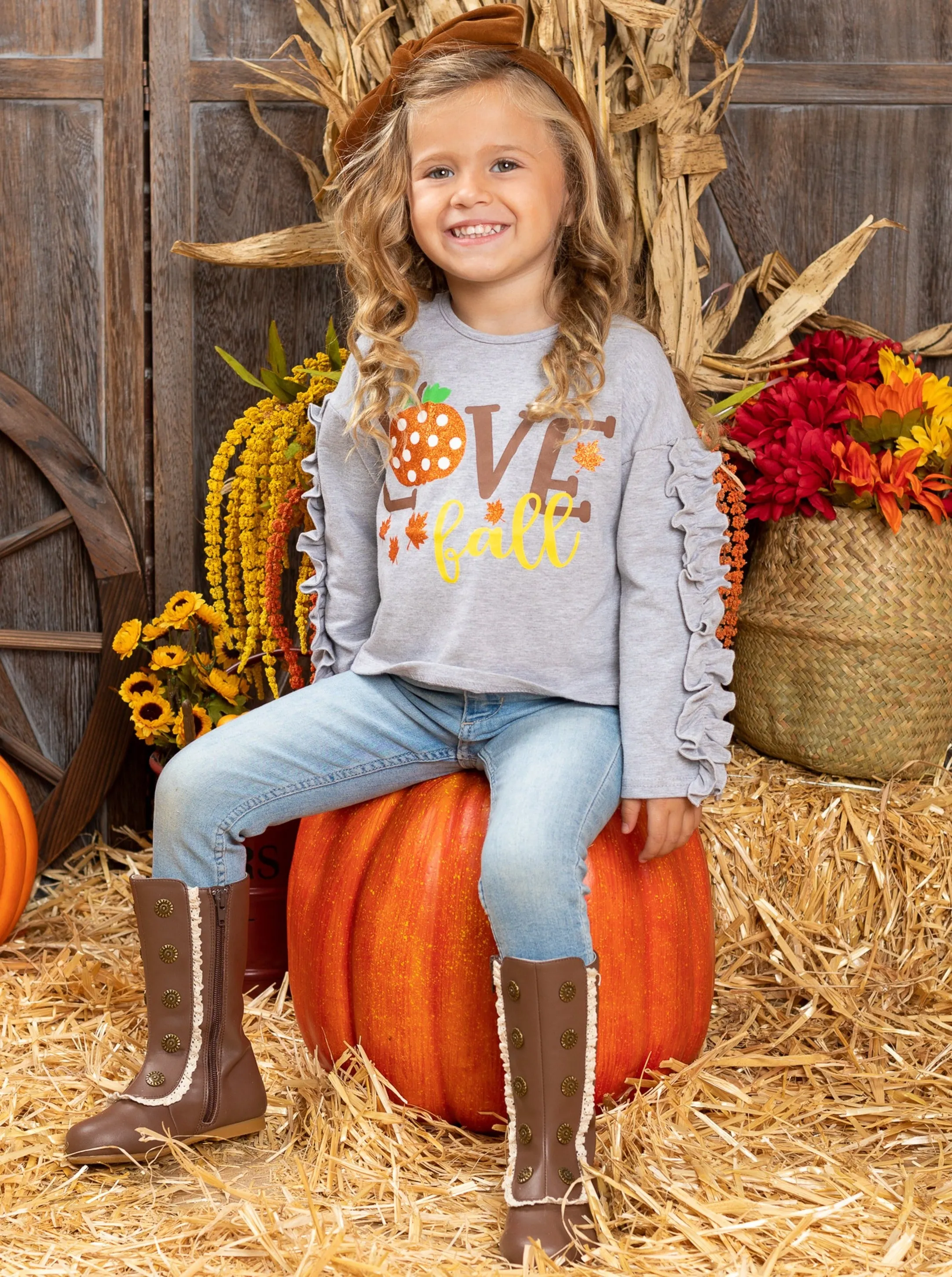 Girls "Love Fall" Pumpkin Ruffle Sleeve Top