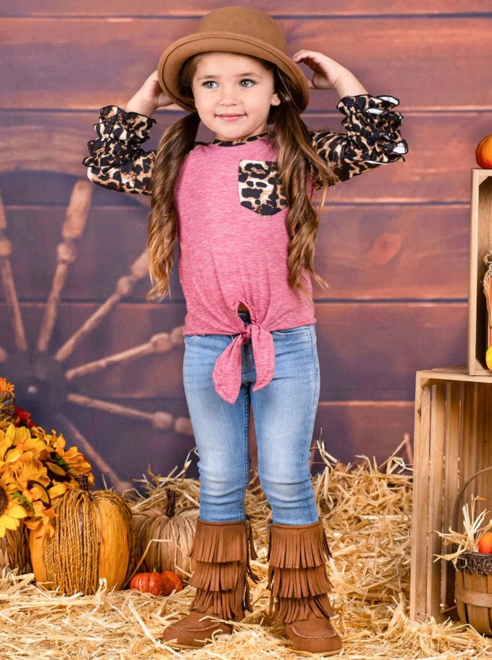 Girls Ruffled Leopard Pocket Knot Top