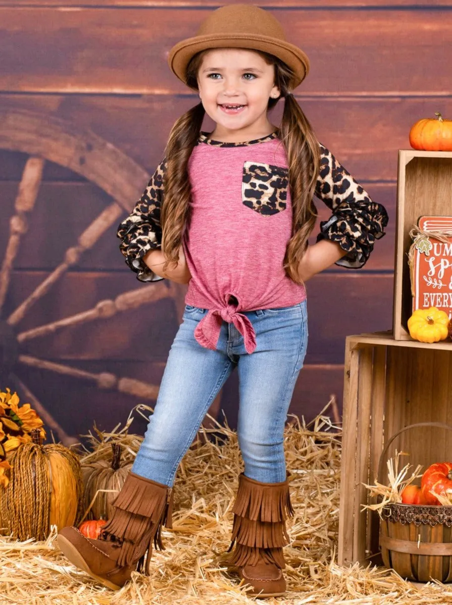 Girls Ruffled Leopard Pocket Knot Top