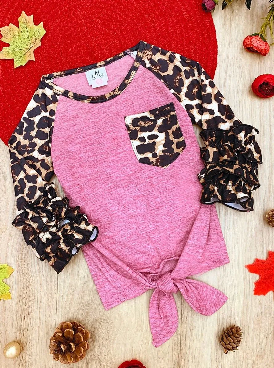 Girls Ruffled Leopard Pocket Knot Top