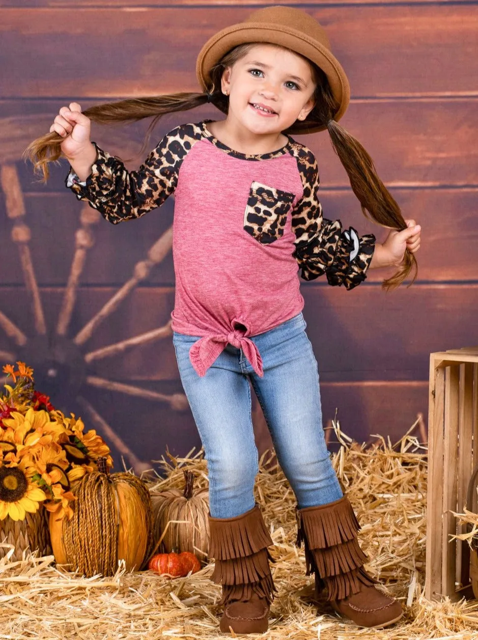 Girls Ruffled Leopard Pocket Knot Top