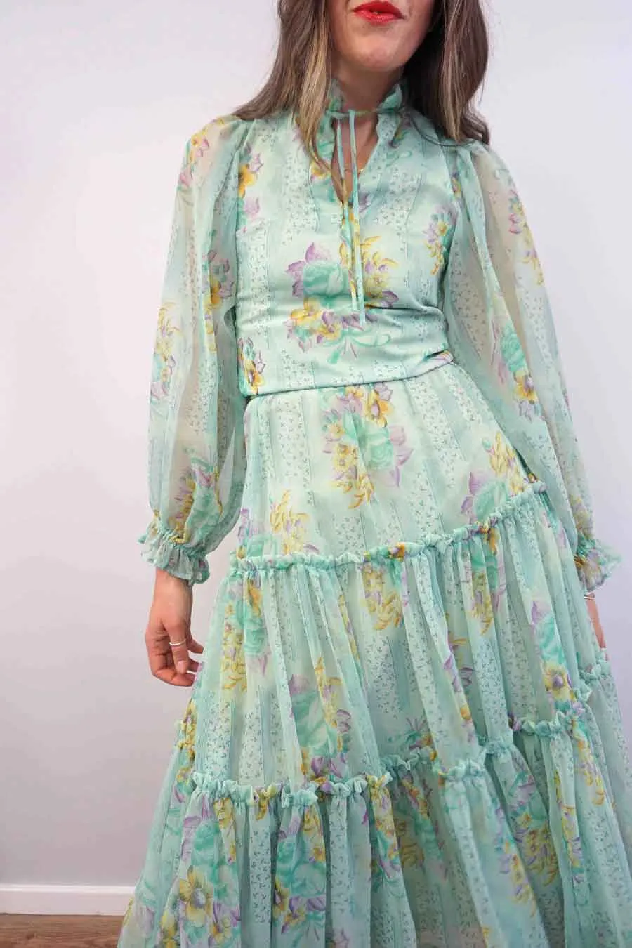 Green Tiered Ruffle Floral Tulle Skirt