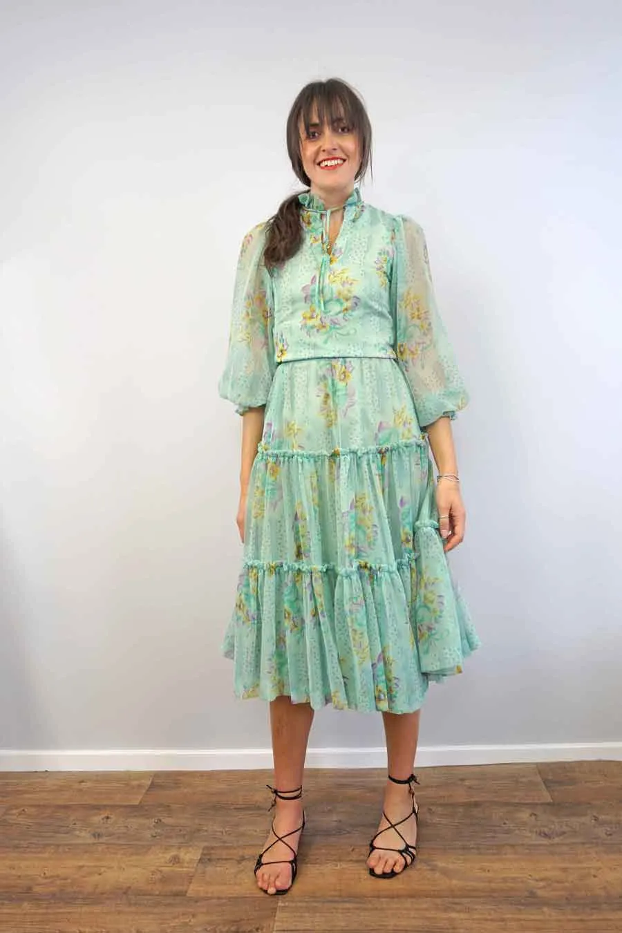 Green Tiered Ruffle Floral Tulle Skirt