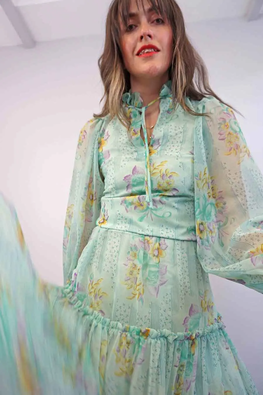 Green Tiered Ruffle Floral Tulle Skirt