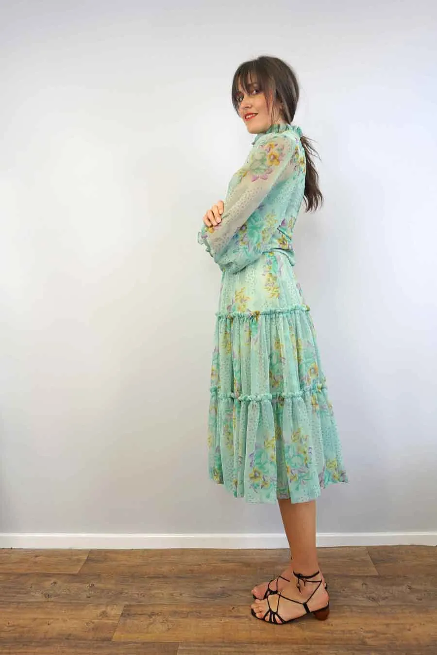 Green Tiered Ruffle Floral Tulle Skirt