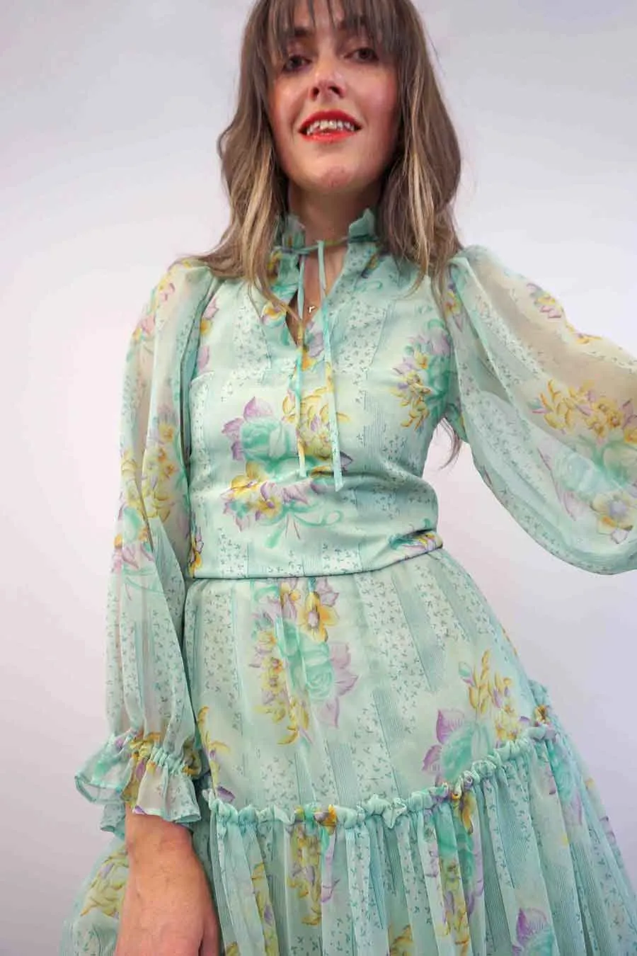 Green Tiered Ruffle Floral Tulle Skirt