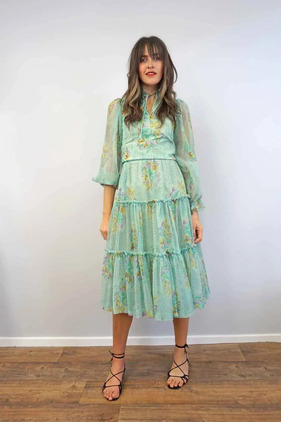Green Tiered Ruffle Floral Tulle Skirt