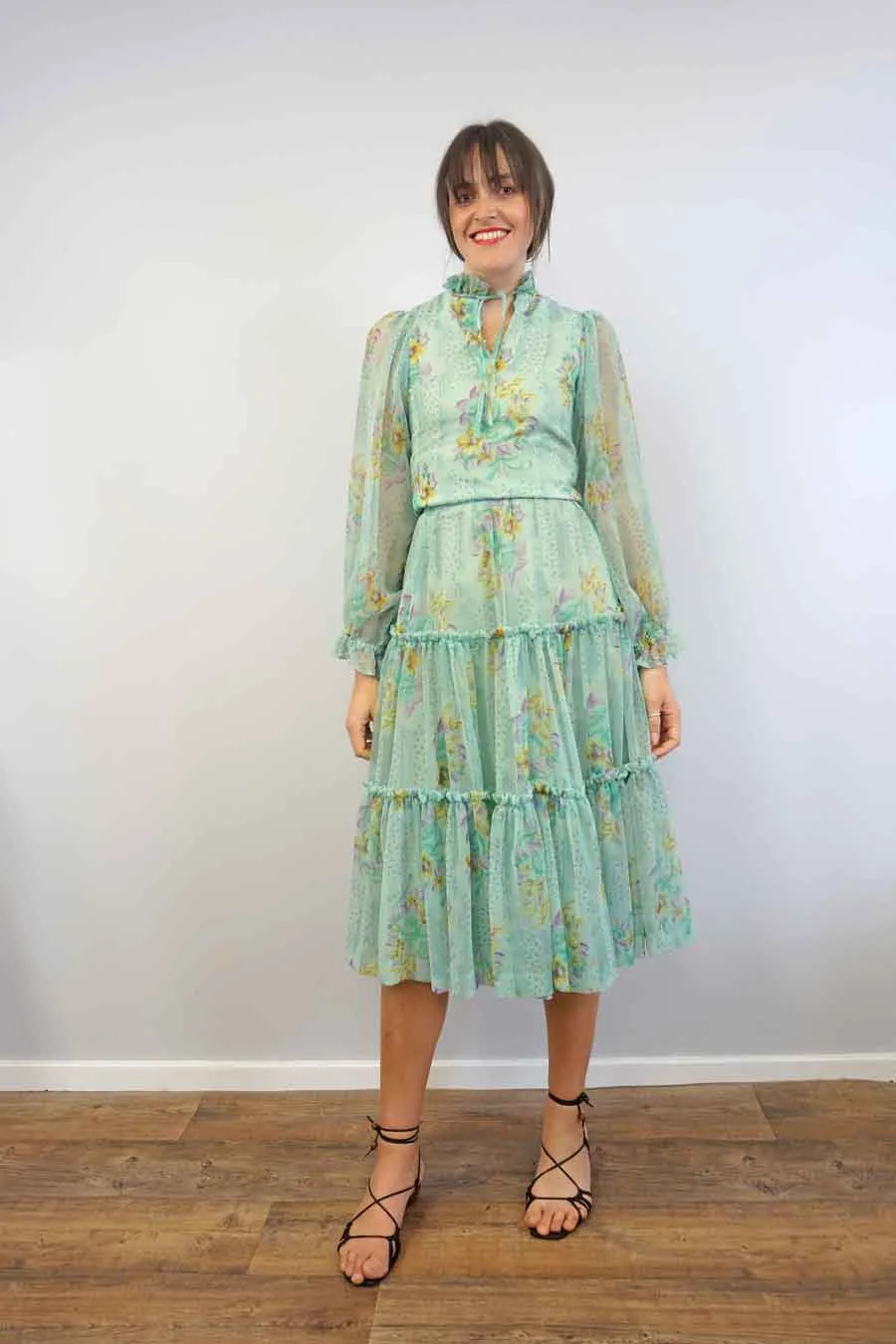 Green Tiered Ruffle Floral Tulle Skirt