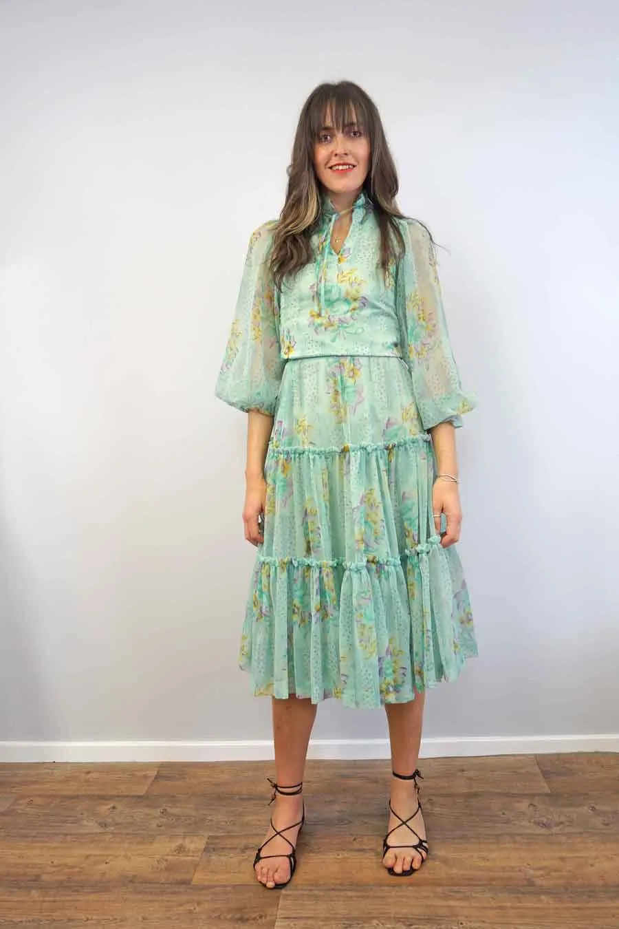 Green Tiered Ruffle Floral Tulle Skirt