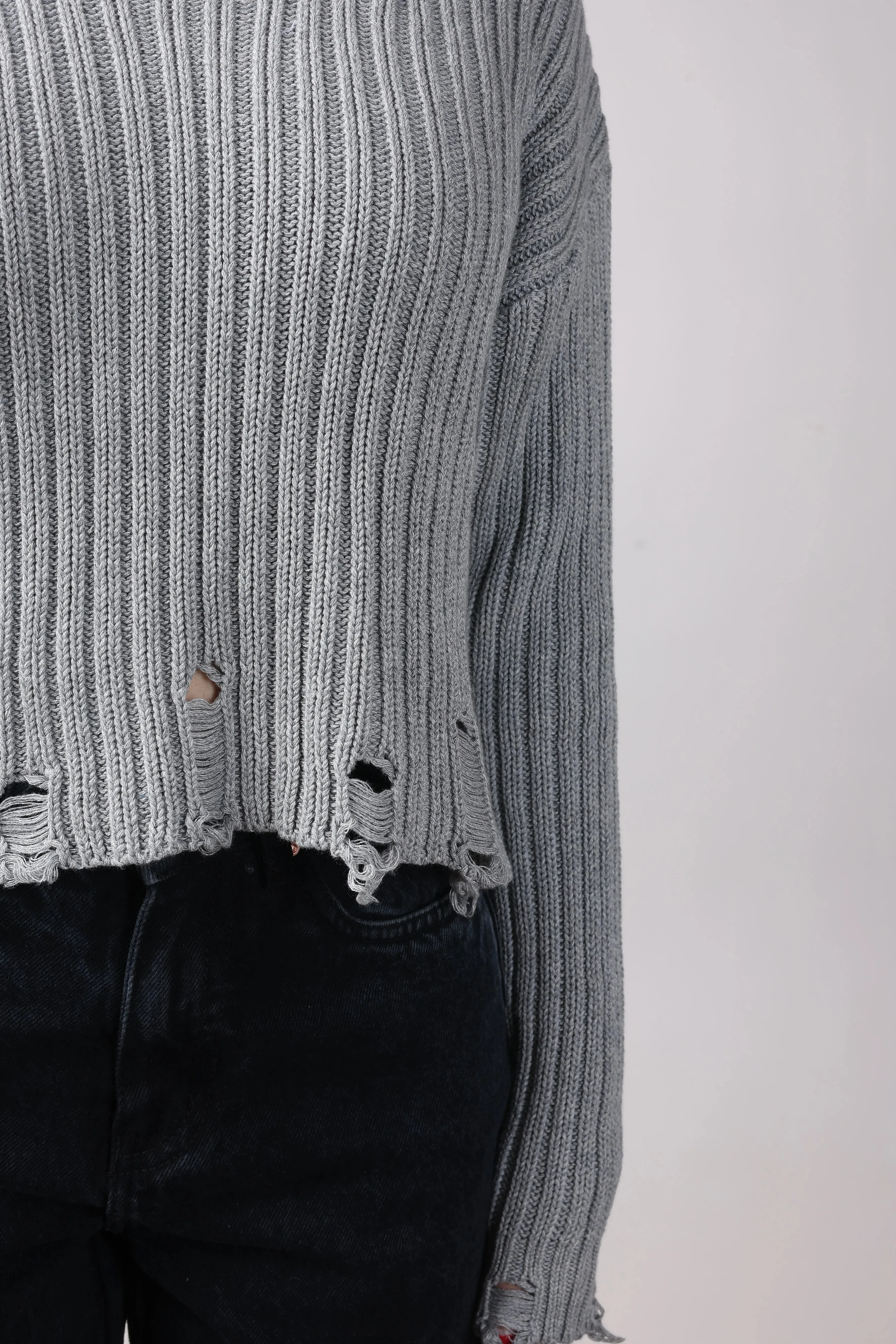 Grey Crop Ripped Sweater