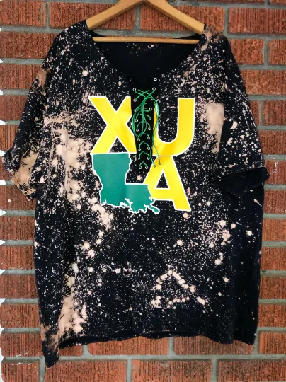 Handmade XULA Black Gold Green Hand Bleached Distressed Lace-Up T-Shirt