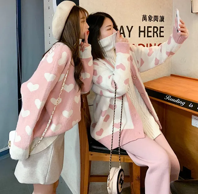 Heart Love Embroidery Knit Loose White Pink Cardigan