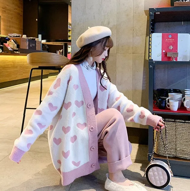 Heart Love Embroidery Knit Loose White Pink Cardigan