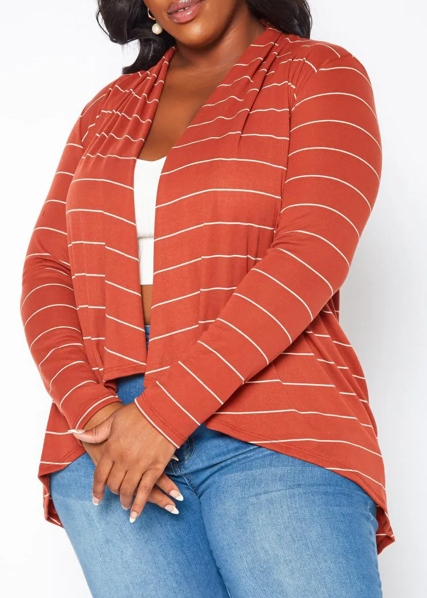 HI Curvy Plus Size Casual Striped Open Front Cardigan