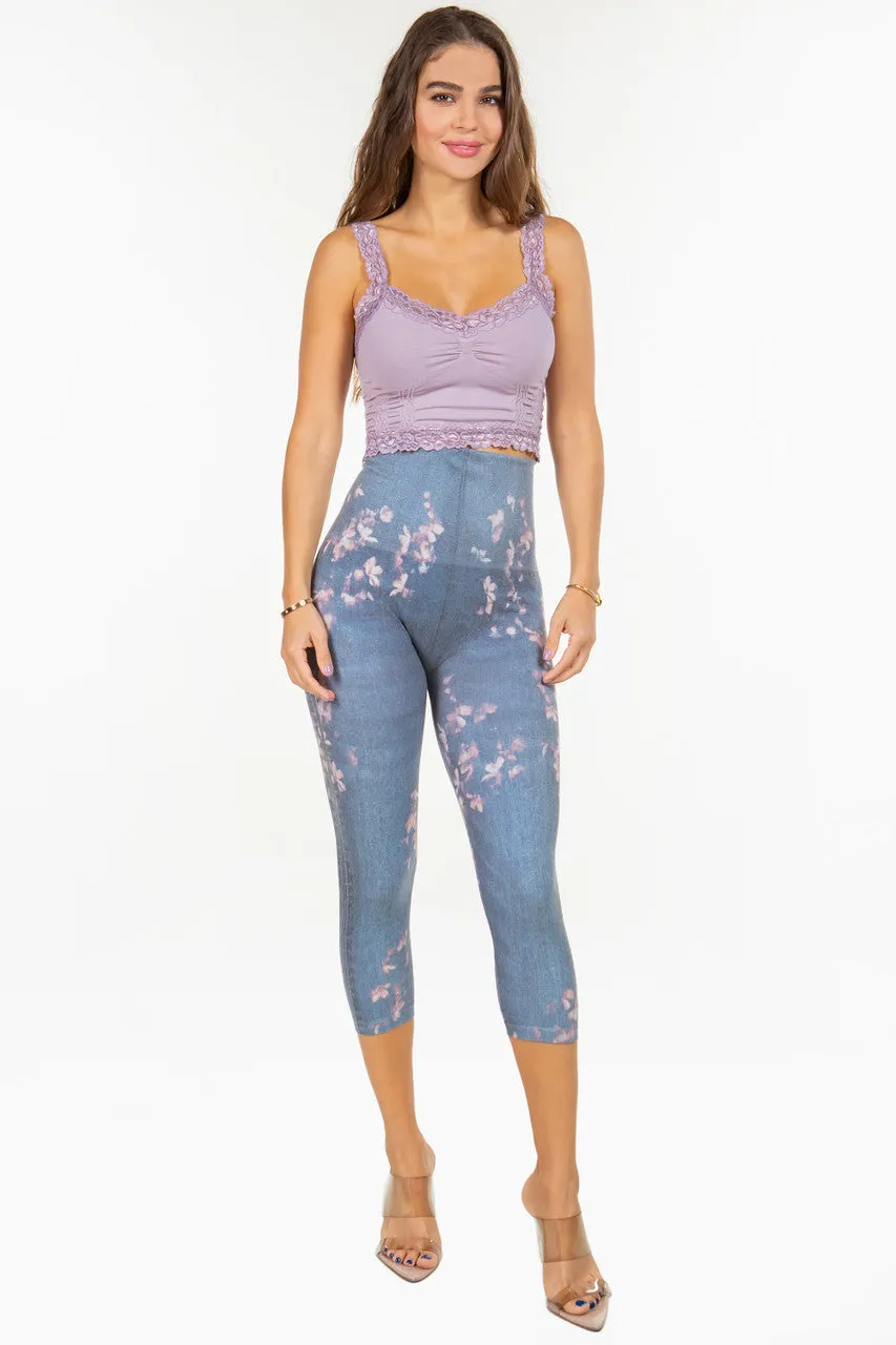 High Waist Light denim Crop Legging with Reverse Tie Dye Floral Print