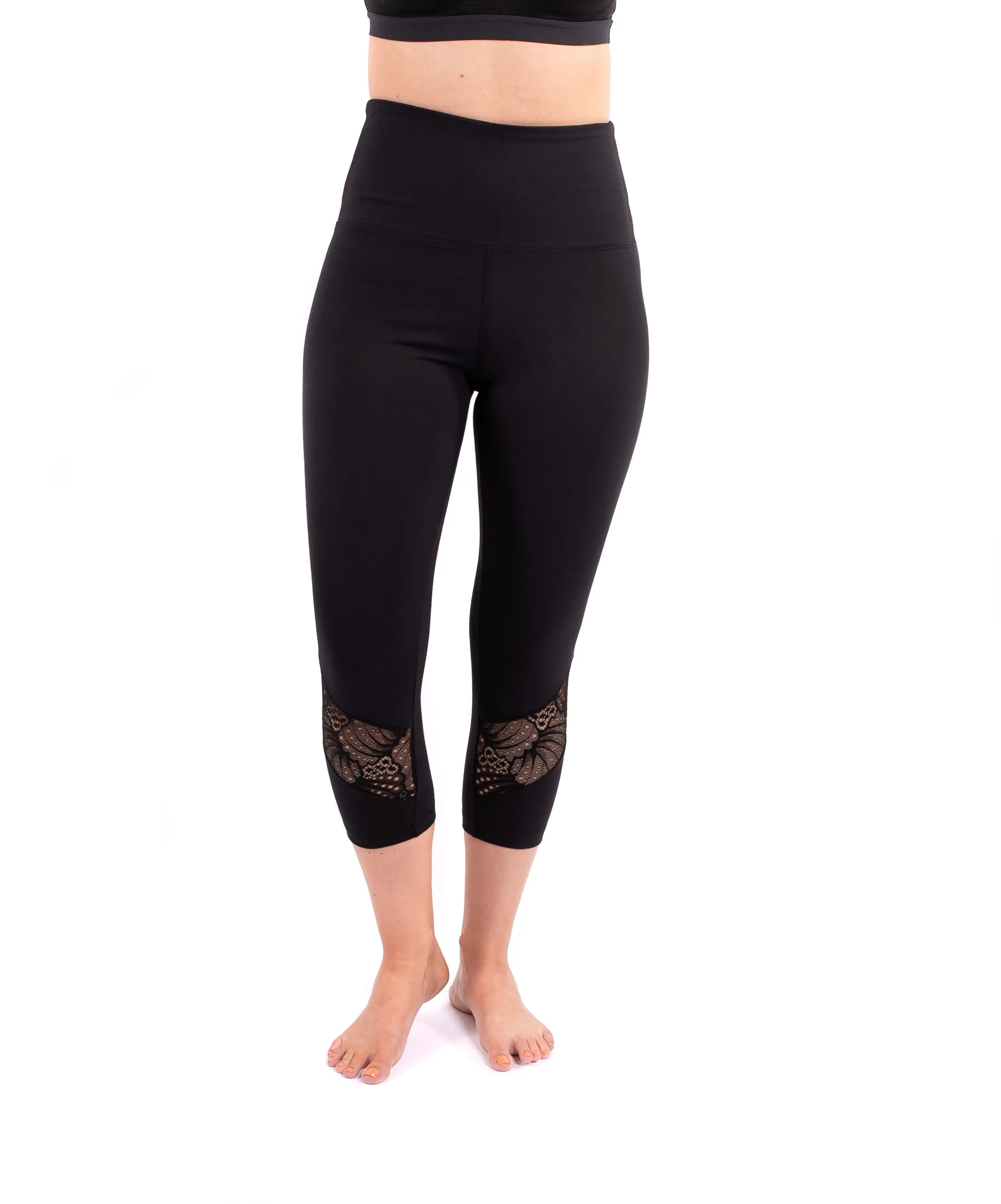 High Waist Tummy Tuck Black Lace Inset Yoga Leggings