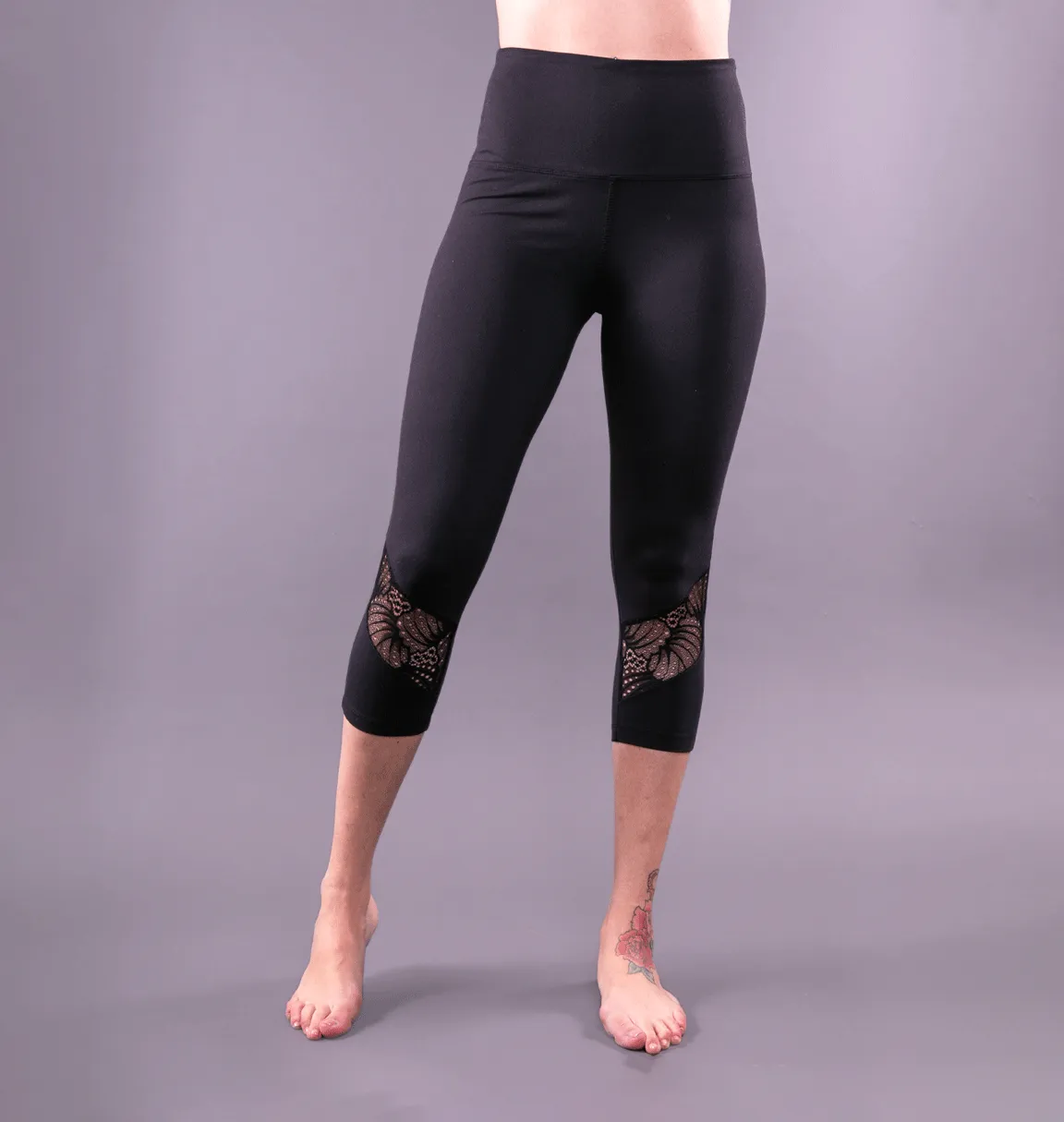 High Waist Tummy Tuck Black Lace Inset Yoga Leggings