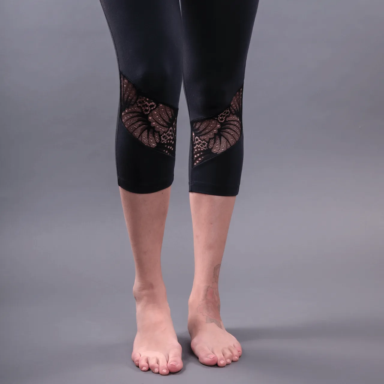 High Waist Tummy Tuck Black Lace Inset Yoga Leggings