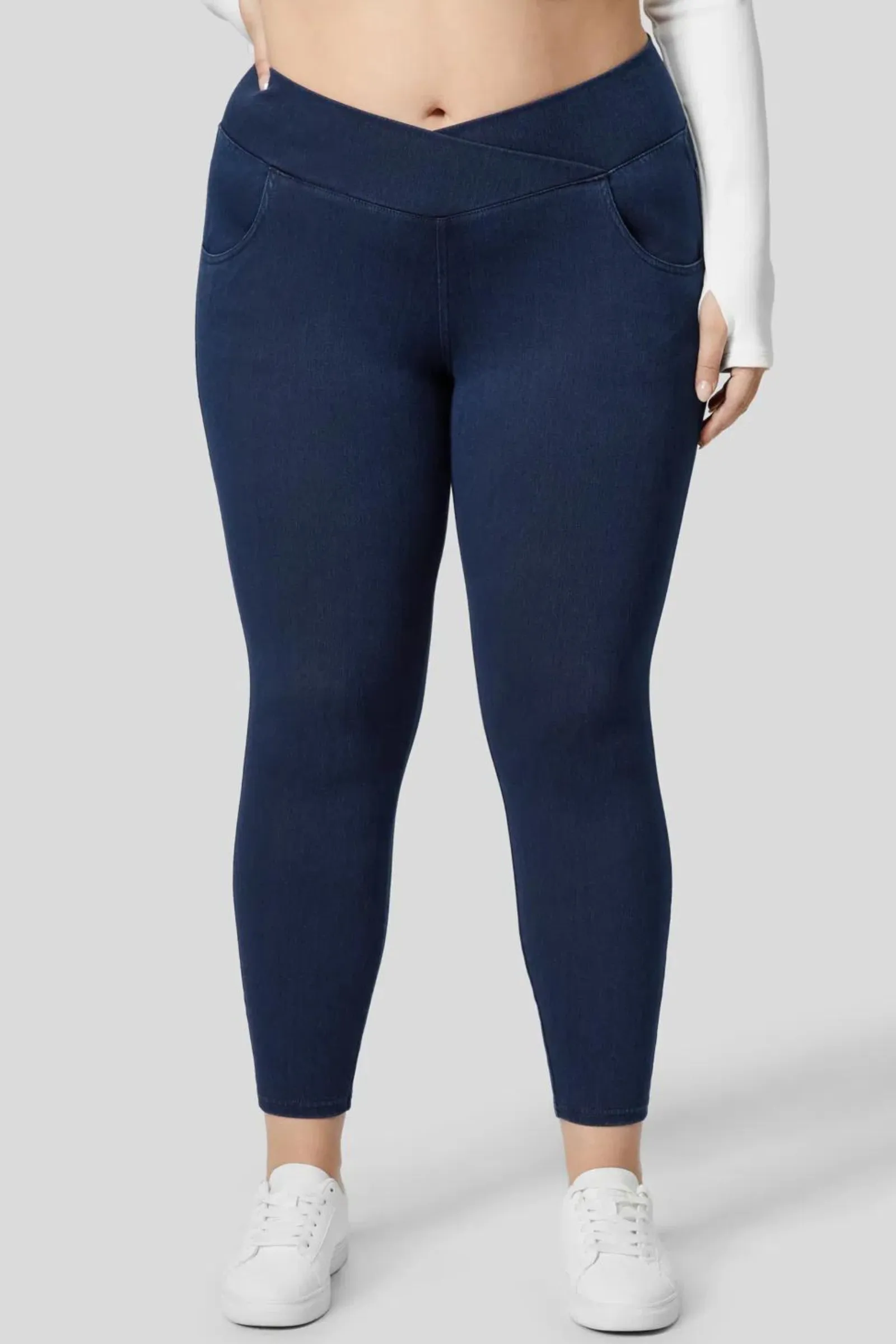 High-Waisted Crossover Plus Size Work Leggings- Dark Blue