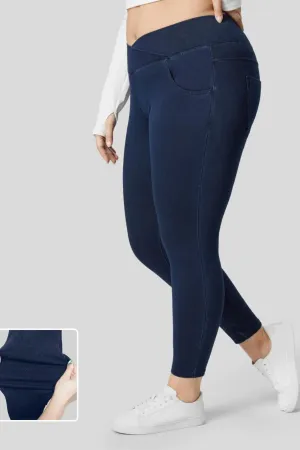 High-Waisted Crossover Plus Size Work Leggings- Dark Blue