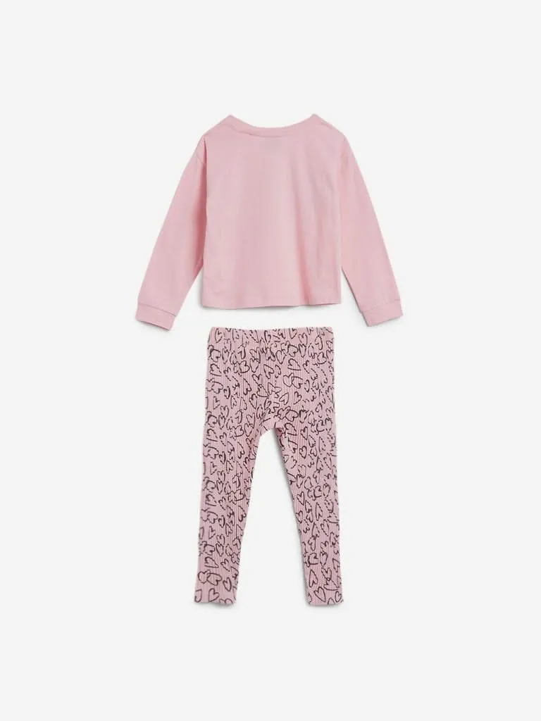 HOP Kids Peach Printed T-Shirt and Leggings Set