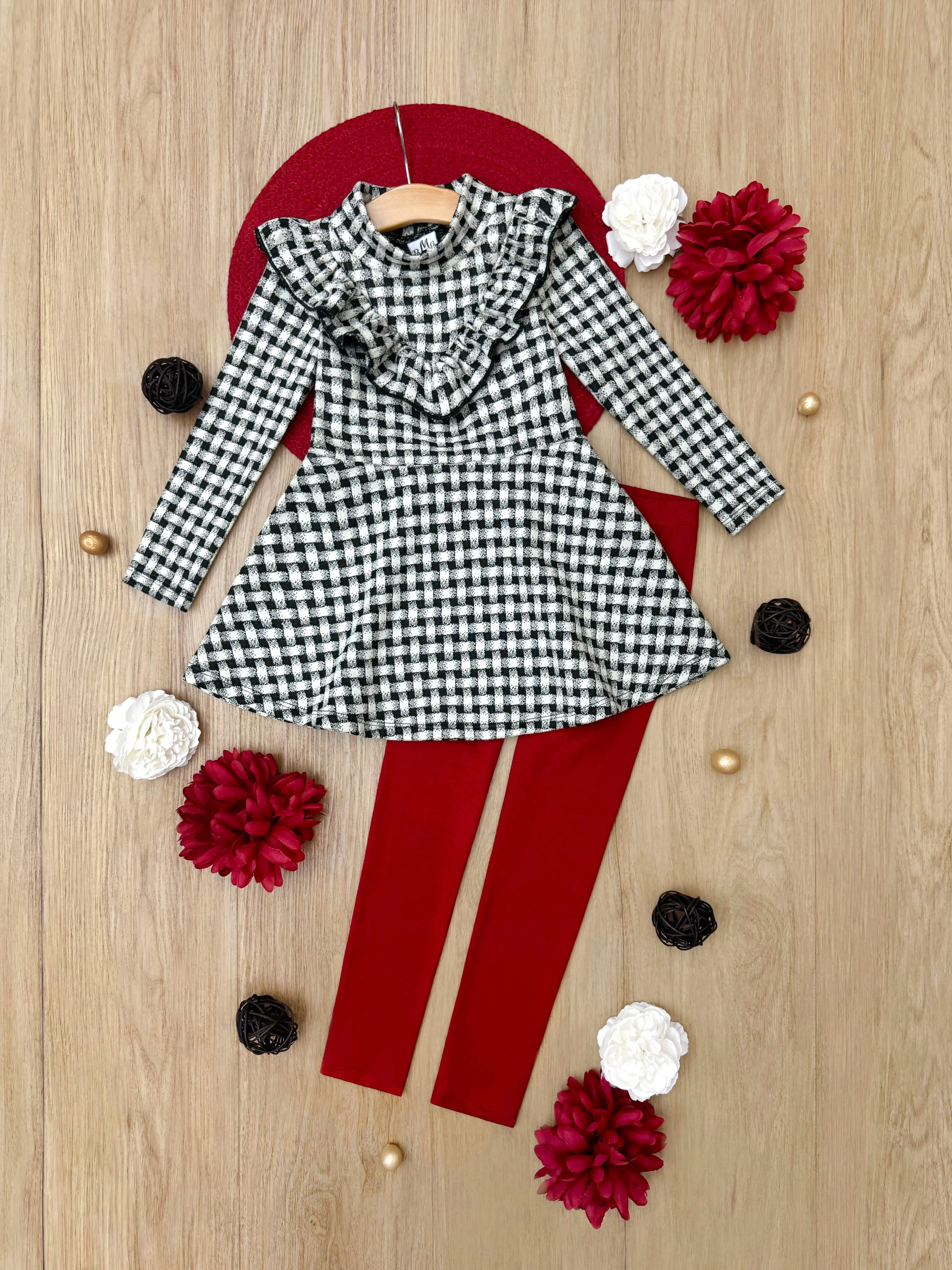 Houndstooth Ruffled Long Sleeve Tunic And Legging Set