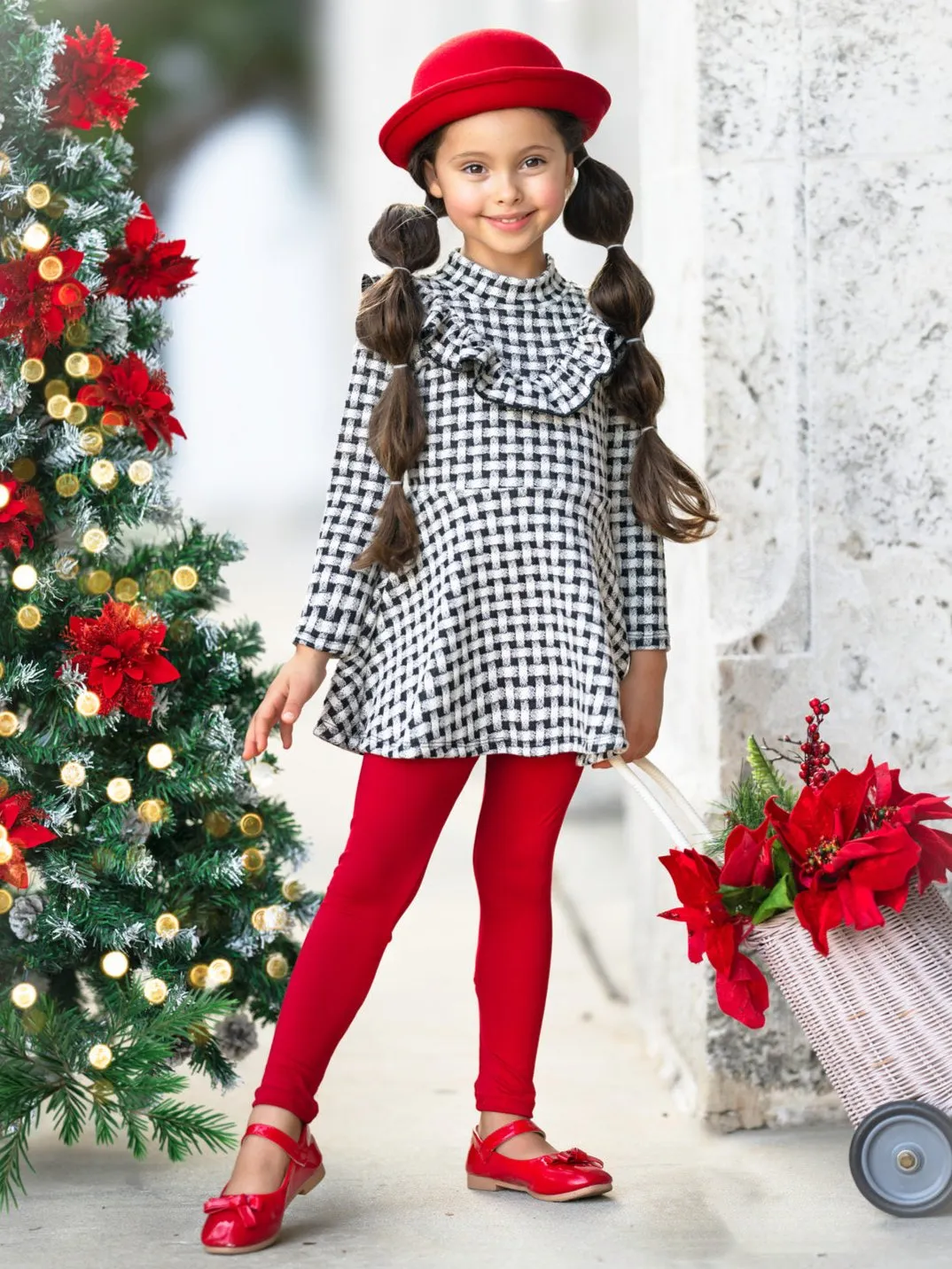 Houndstooth Ruffled Long Sleeve Tunic And Legging Set