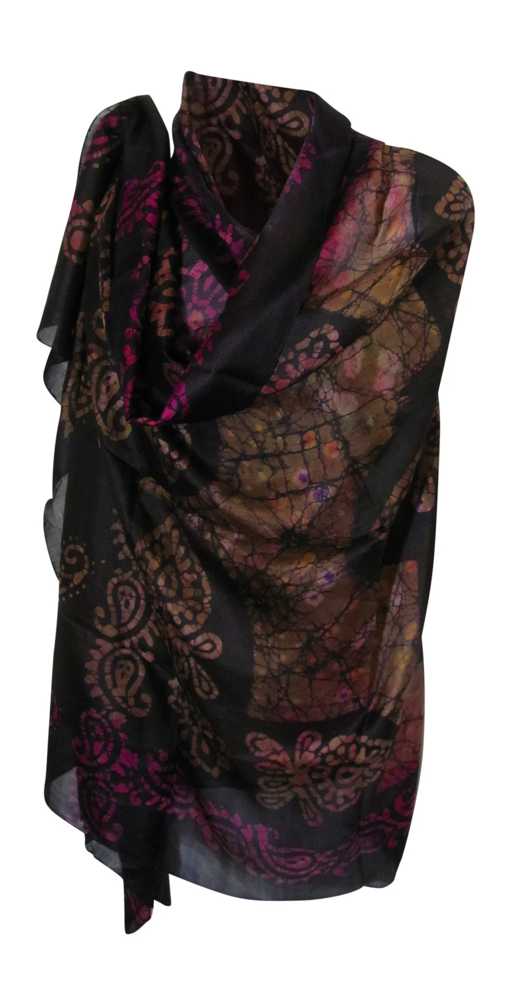 Indian Boho Ethnic Hand Printed Batik Large Pure Silk Scarf Shawl Stole