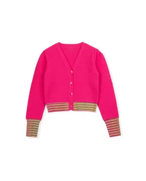 Knit Puff Sleeve Trimmed Cardigan