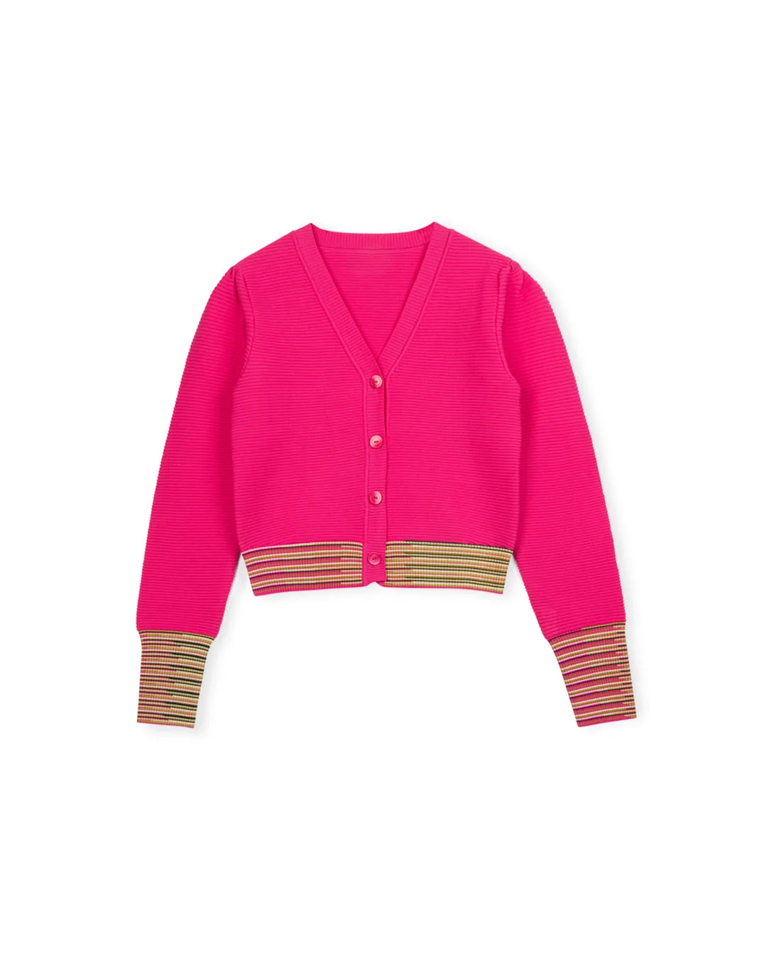 Knit Puff Sleeve Trimmed Cardigan