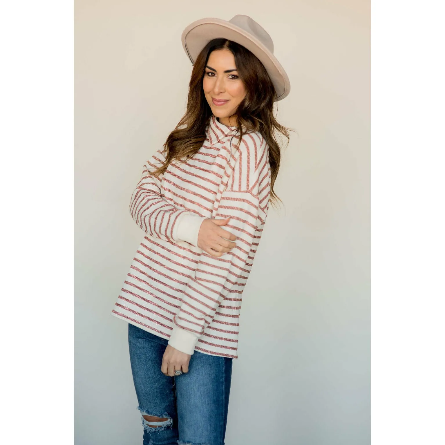 Knit Stripe Neck Zipper Sweater