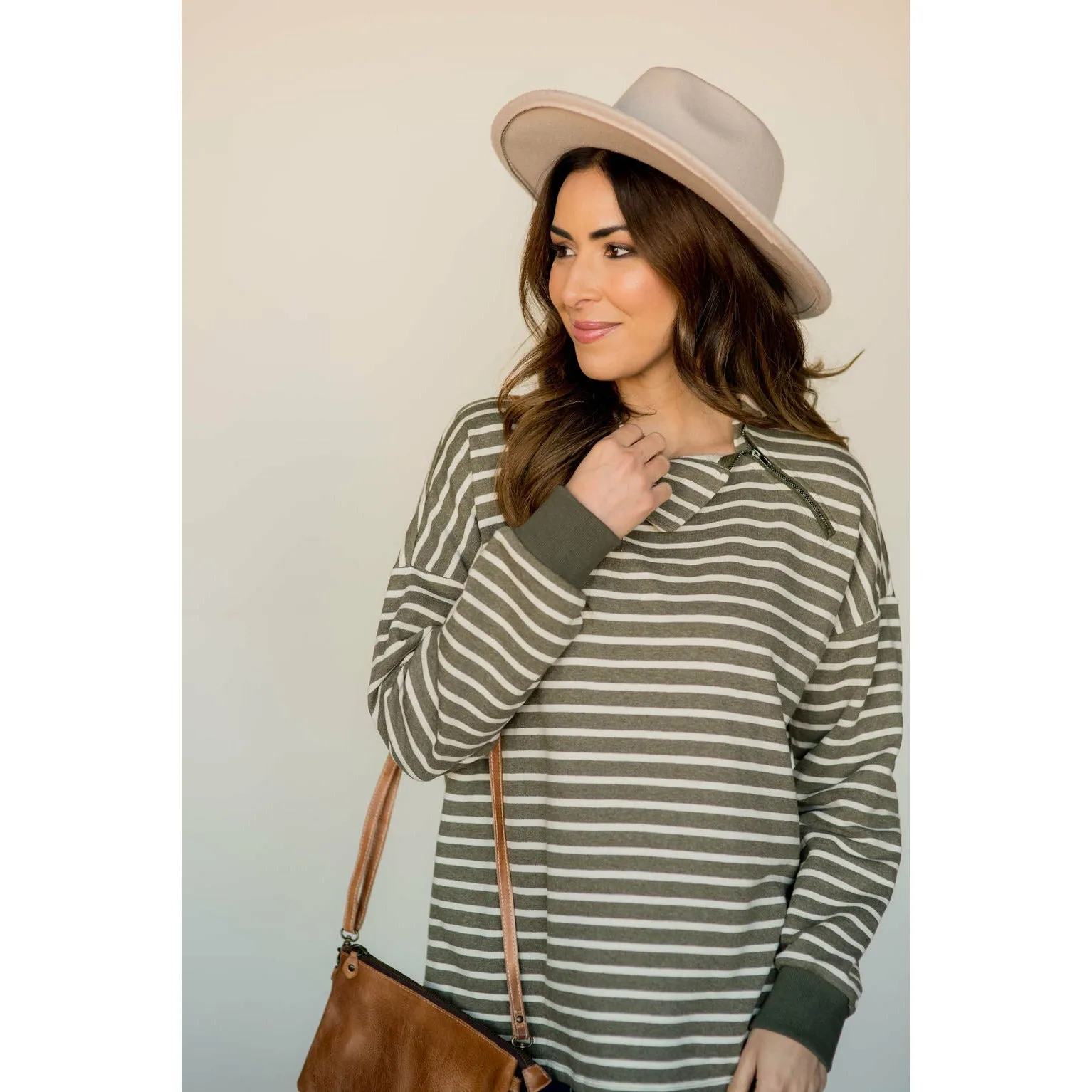 Knit Stripe Neck Zipper Sweater