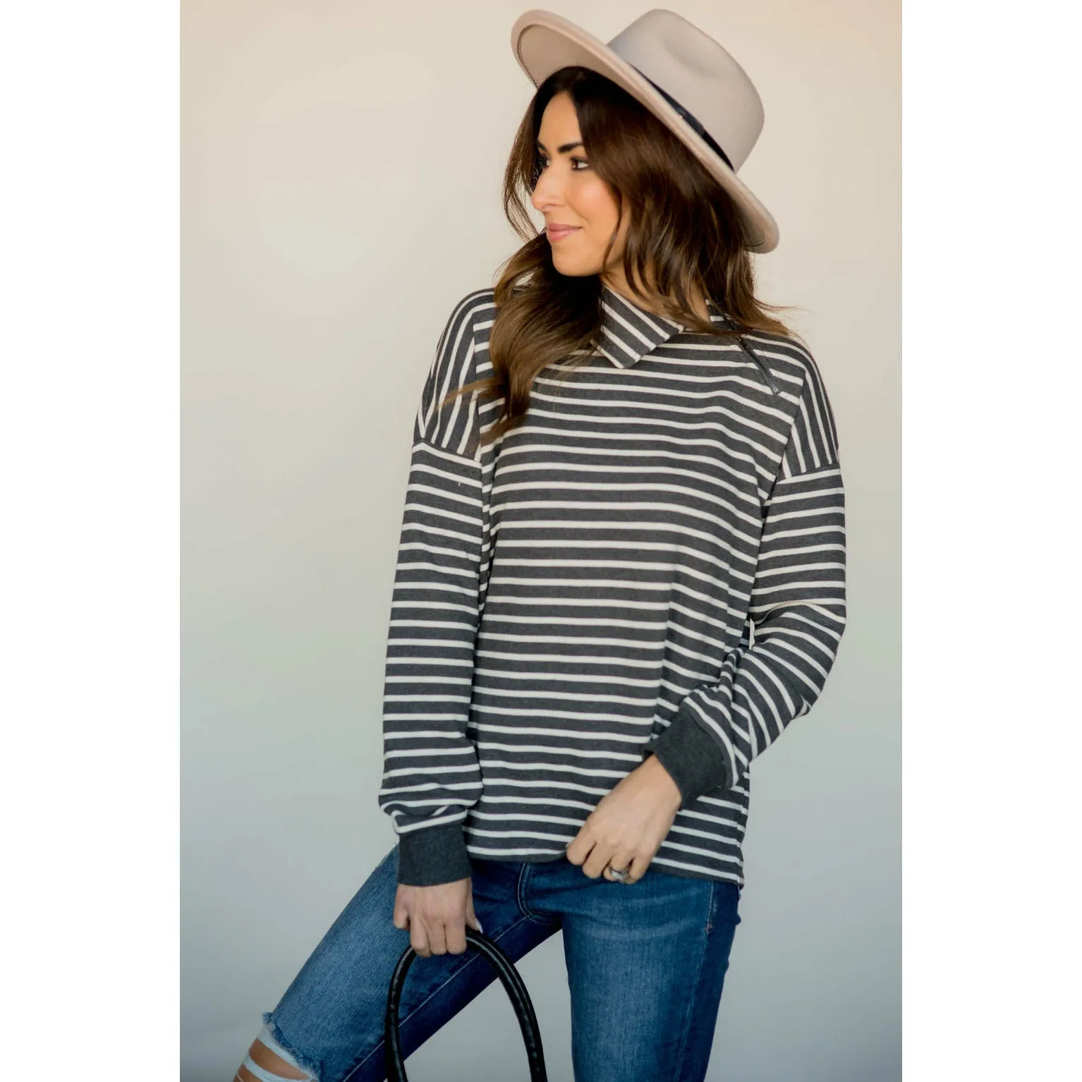 Knit Stripe Neck Zipper Sweater