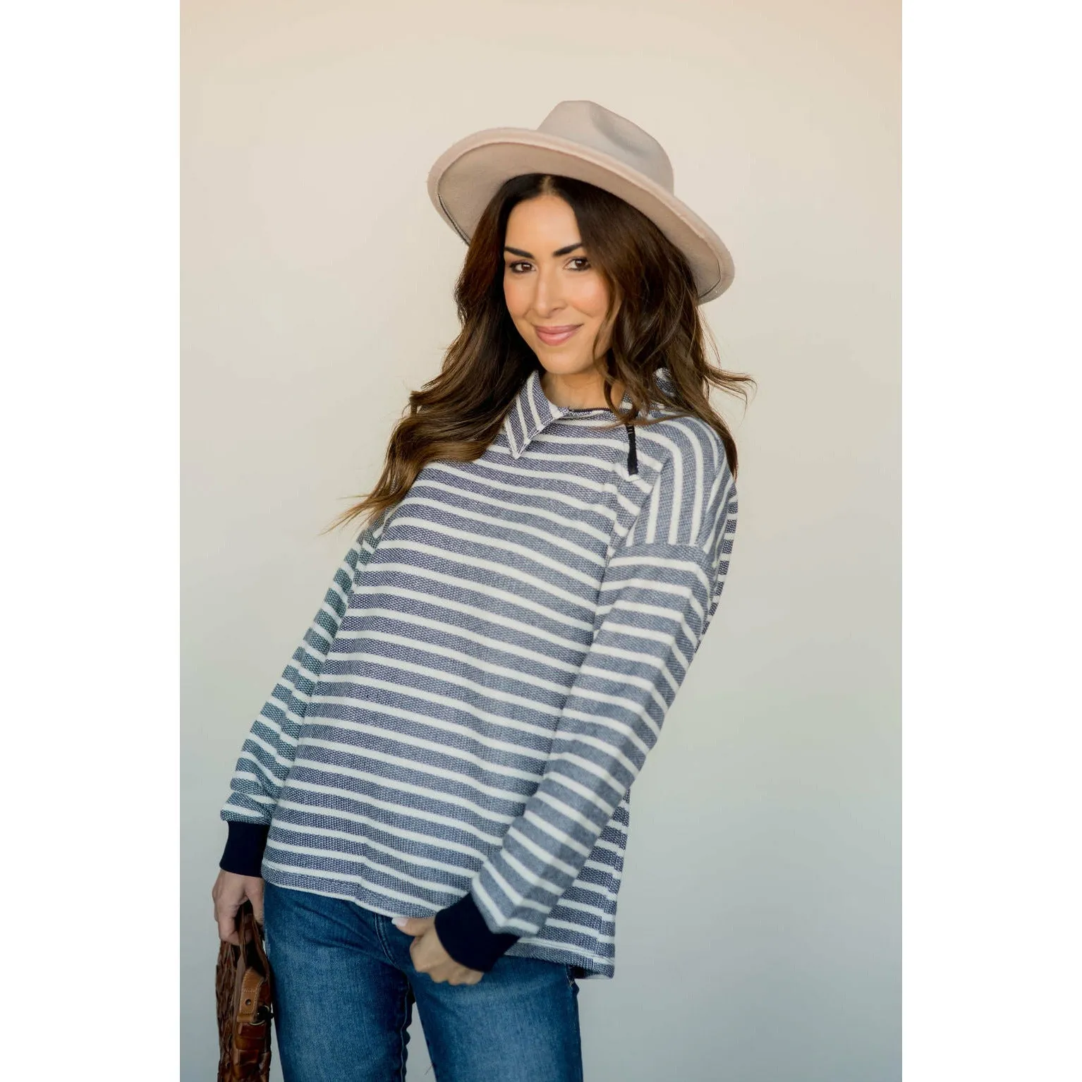 Knit Stripe Neck Zipper Sweater