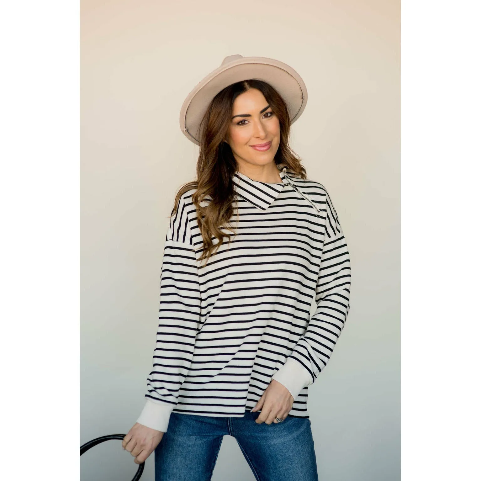Knit Stripe Neck Zipper Sweater