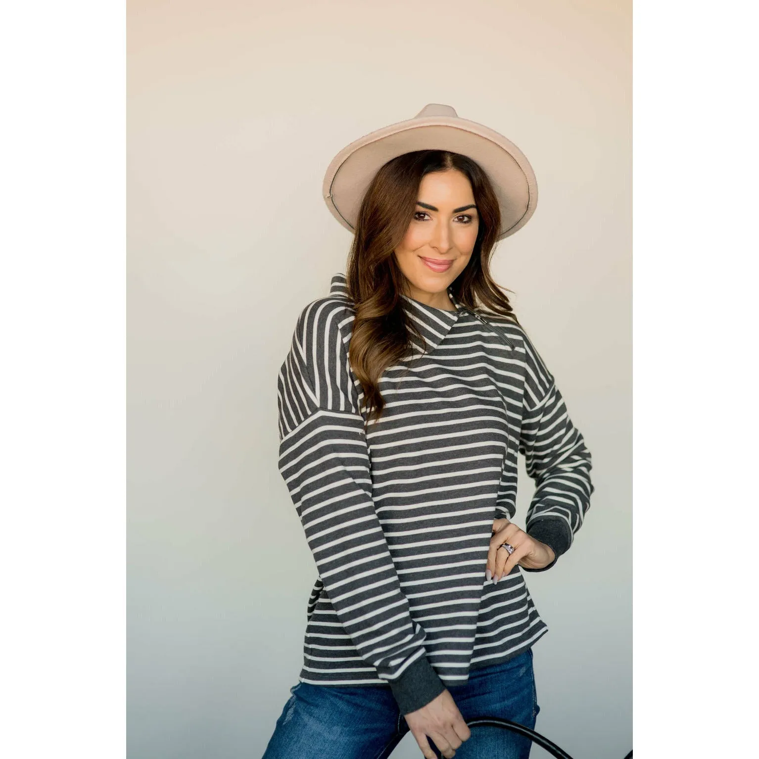Knit Stripe Neck Zipper Sweater