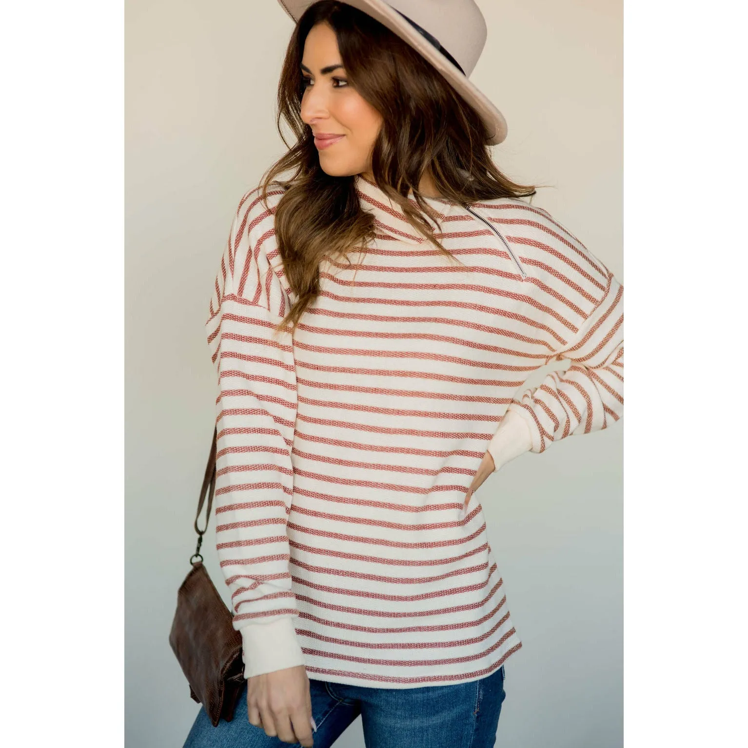 Knit Stripe Neck Zipper Sweater