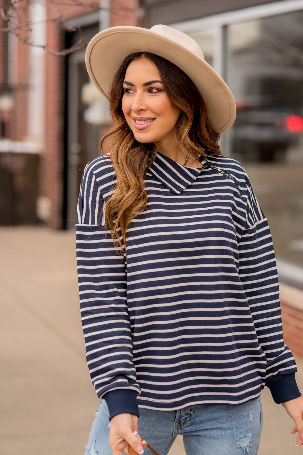 Knit Stripe Neck Zipper Sweater