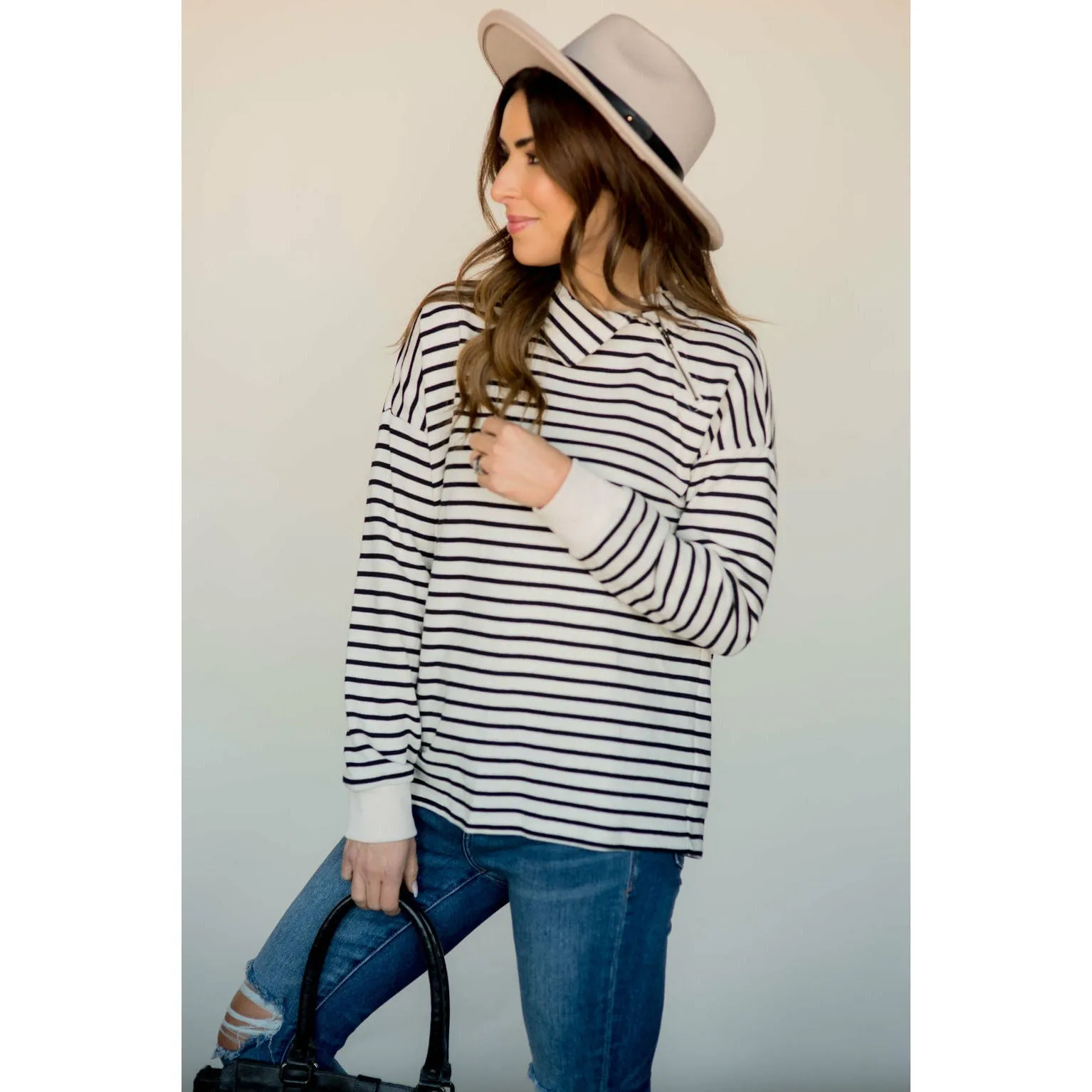 Knit Stripe Neck Zipper Sweater
