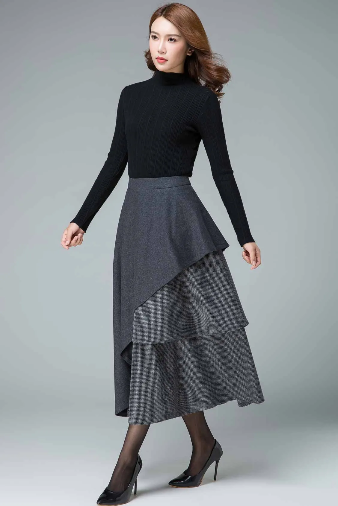 layered maxi wool skirt, Party skirt 1833#