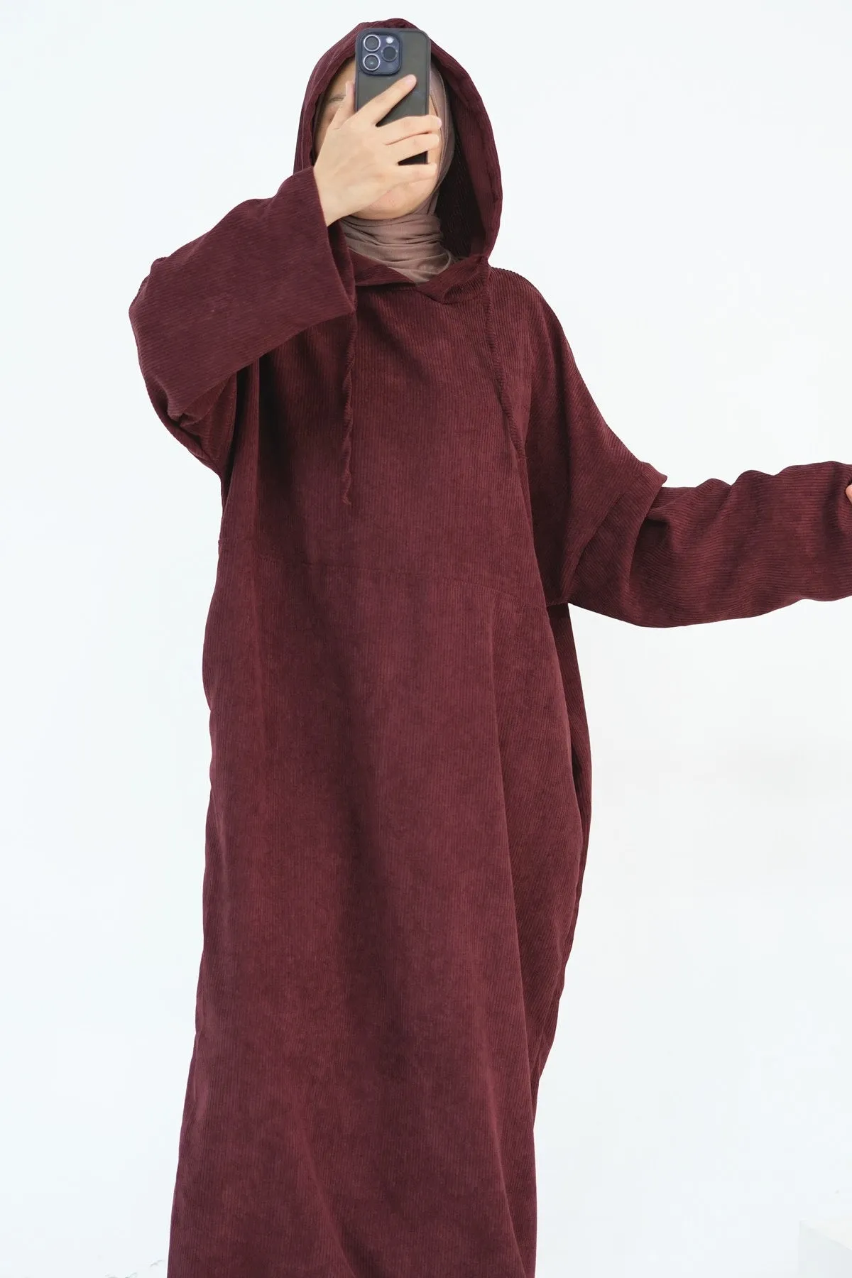 LAYLA Corduroy Hoodie Abaya 890-Wine Red