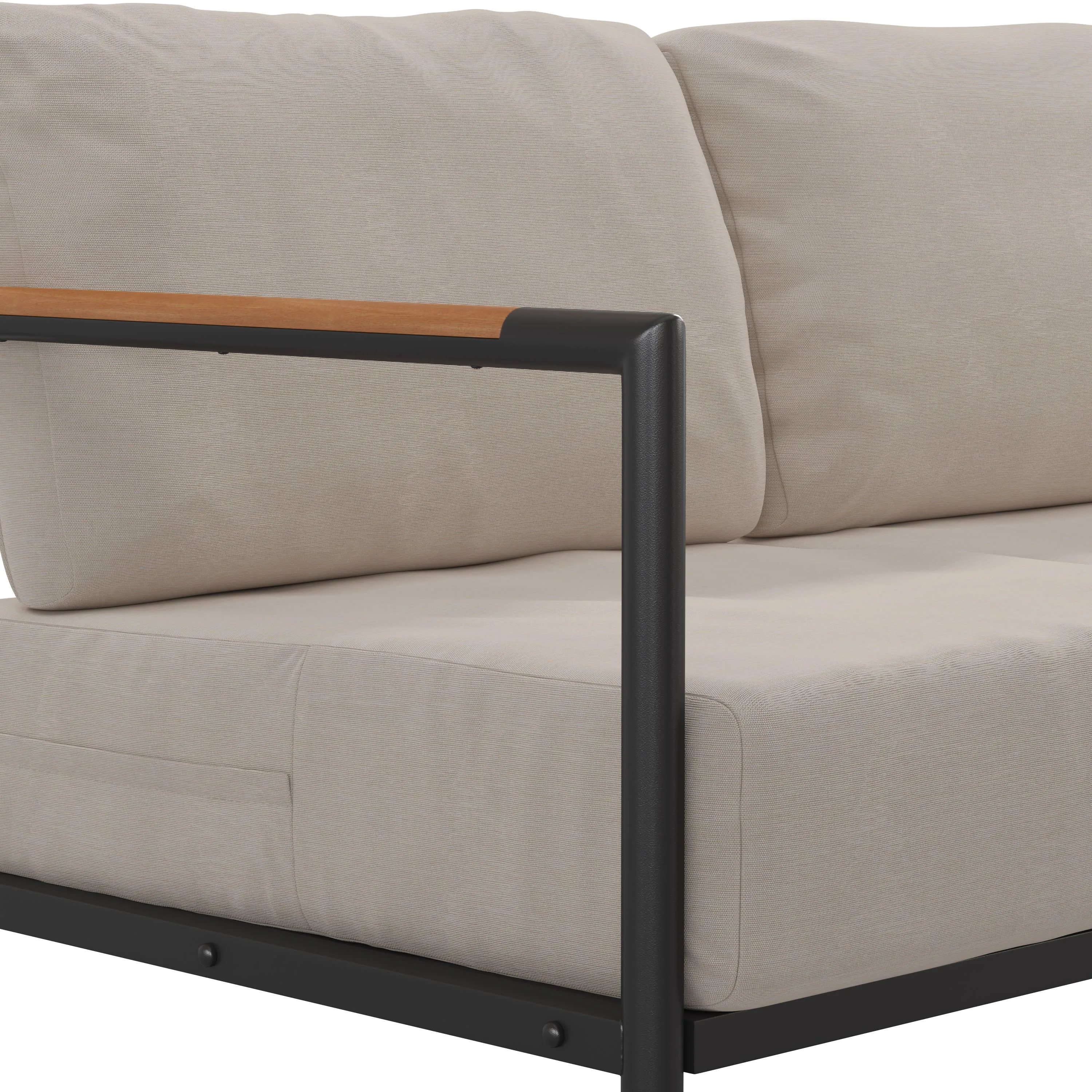 Lea Indoor/Outdoor Patio Loveseat with Cushions - Modern Aluminum Framed Loveseat with Teak Accent Arms