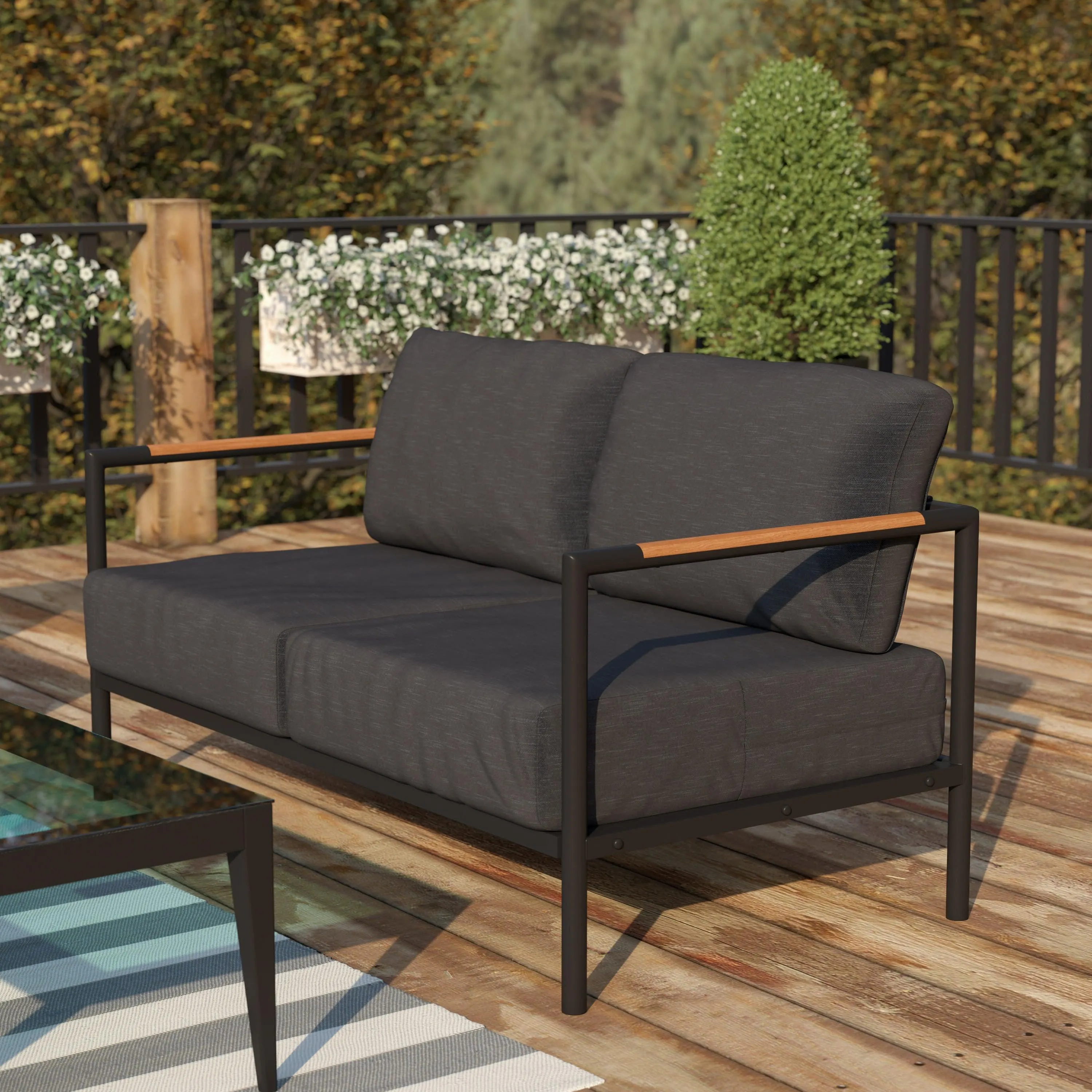 Lea Indoor/Outdoor Patio Loveseat with Cushions - Modern Aluminum Framed Loveseat with Teak Accent Arms