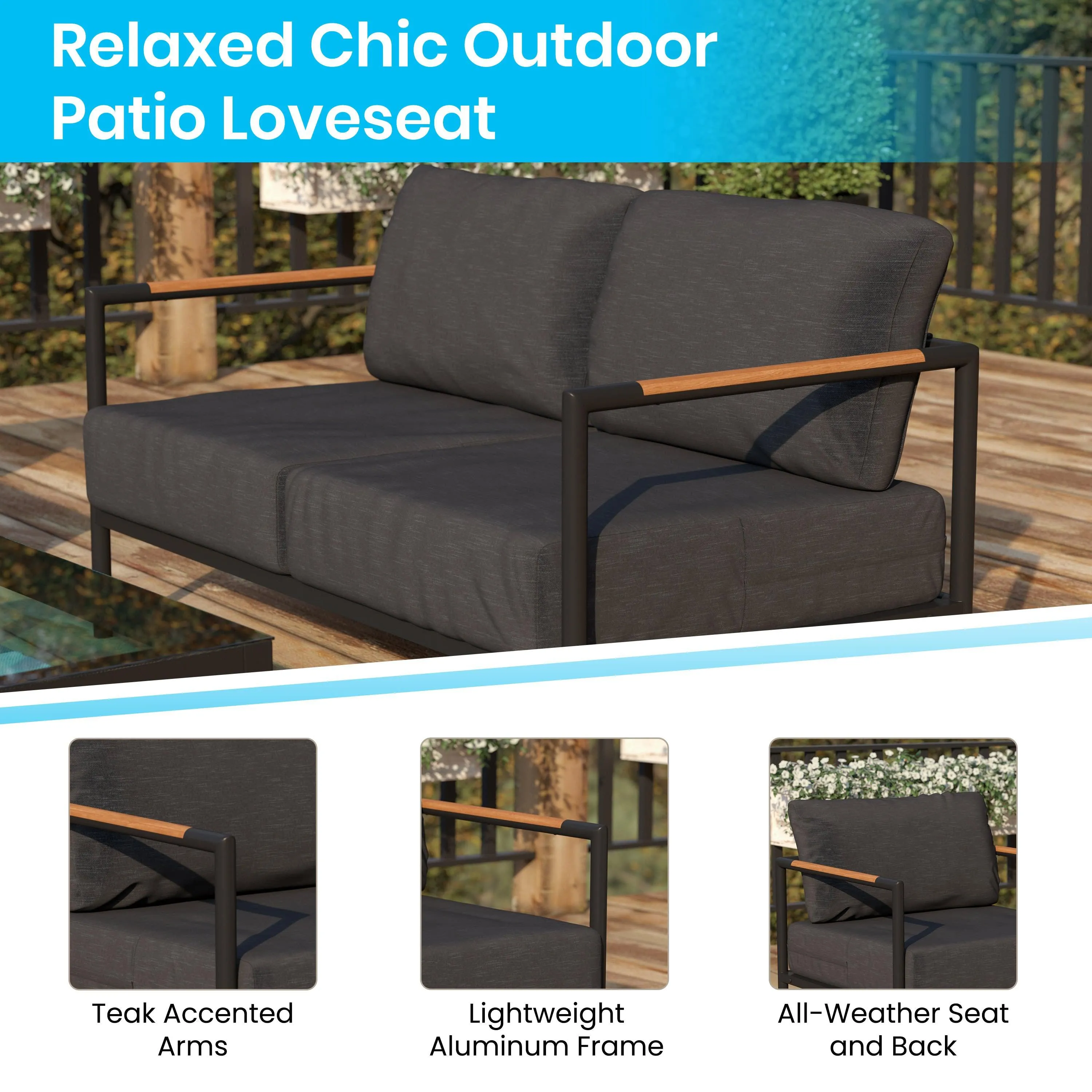 Lea Indoor/Outdoor Patio Loveseat with Cushions - Modern Aluminum Framed Loveseat with Teak Accent Arms