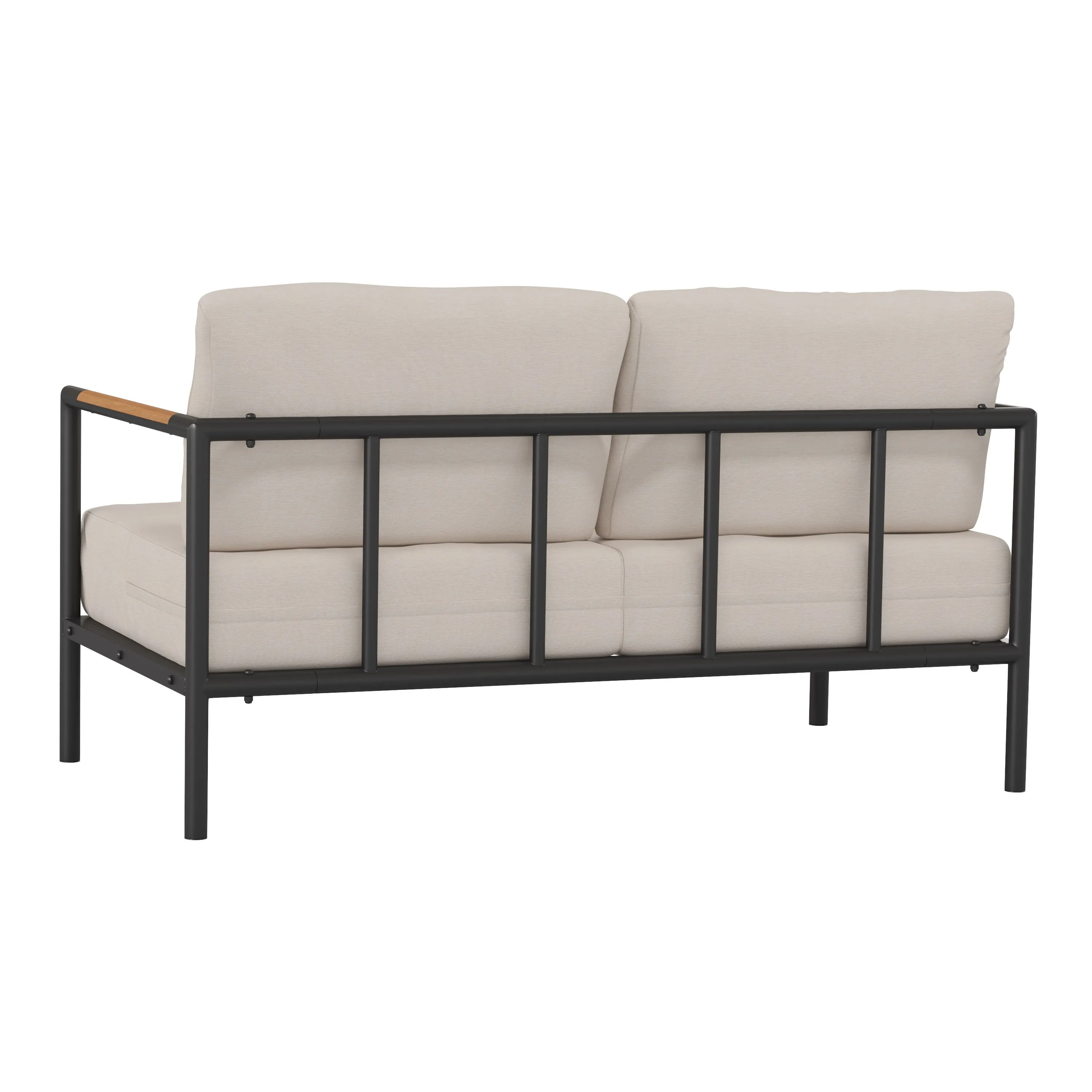 Lea Indoor/Outdoor Patio Loveseat with Cushions - Modern Aluminum Framed Loveseat with Teak Accent Arms