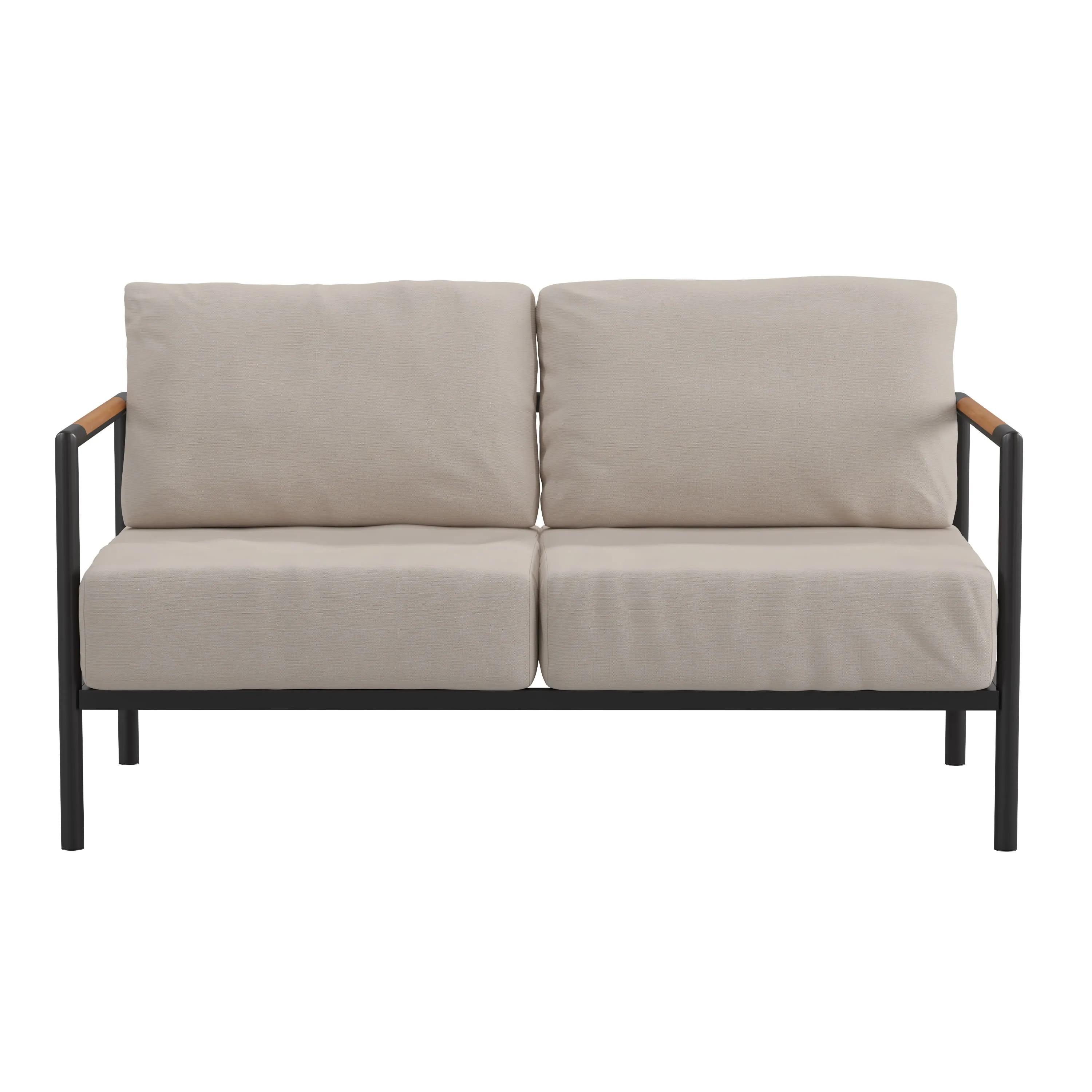 Lea Indoor/Outdoor Patio Loveseat with Cushions - Modern Aluminum Framed Loveseat with Teak Accent Arms